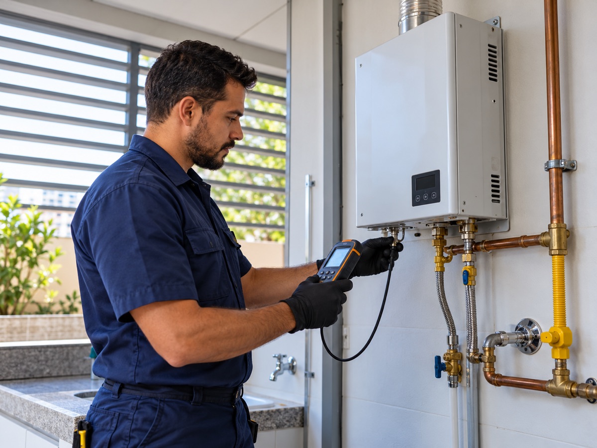 Técnico inspecionando um aquecedor de água residencial